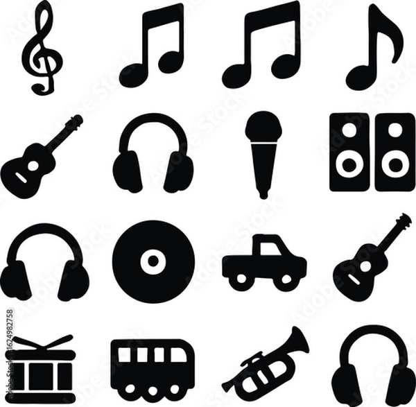 Obraz Music Icon Vector Set – Musical Notes, Guitar, Microphone, Headphones, Drum, Trumpet, CD, Speakers, and Audio Equipment Icons – Black Silhouettes for Music App UI, Audio Branding, Concert Posters, Str