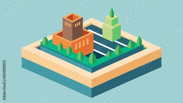 Fototapeta Modern Isometric Rooftop Garden Vector Art with Greenery and Urban Views