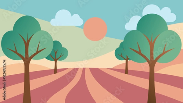 Fototapeta Clean Vector Orchard Field Stylized Tree Trunks Nature Landscape Illustration