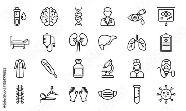 Fototapeta Medical and Healthcare Line Icon Set – Hospital Tools, Doctor Symbols, Human Organs, Virus, Mask, Injection, and Test Equipment Vectors

