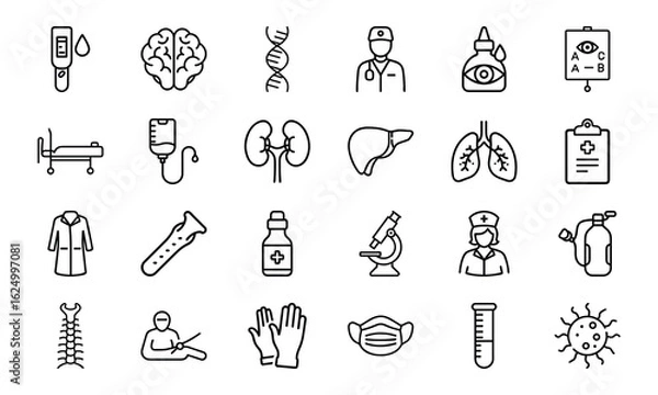 Fototapeta Medical and Healthcare Line Icon Set – Hospital Tools, Doctor Symbols, Human Organs, Virus, Mask, Injection, and Test Equipment Vectors

