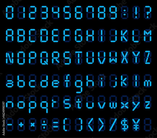 Obraz デジタル文字と数字。液晶モニターにアルファベット。時計の文字。黒の背景にデジタルのフォント。