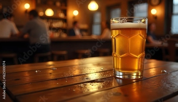 Fototapeta Macro shot of a reclaimed wood tabletop with condensation rings from a beer glass, set against a blurred backdrop of a bustling speakeasy with vintage lamps and dark mahogany accents.