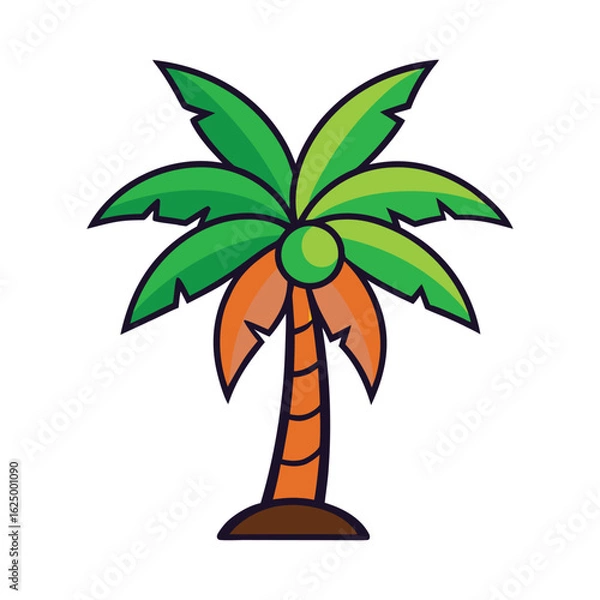 Obraz Cartoon palm tree with green leaves and orange trunk isolated on white background