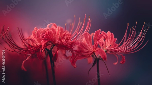 Fototapeta Dramatic close-up of red spider lilies against a moody background　彼岸花クローズアップ