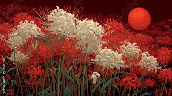 Fototapeta Artistic illustration of red and white spider lilies with a red moon　白と赤の彼岸花と赤い月