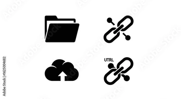 Fototapeta Minimalist black icons for file sharing tools folder, link, and cloud arrow. Flat vector set.