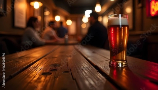 Fototapeta Macro shot of a reclaimed wood tabletop with condensation rings from a beer glass, set against a blurred backdrop of a bustling speakeasy with vintage lamps and dark mahogany accents.