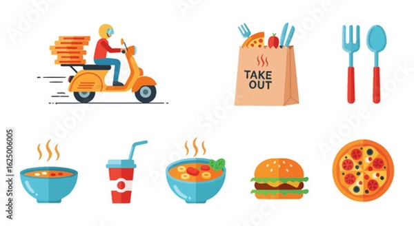 Obraz Food delivery service icon set with scooter, takeout bag, pizza, and hot meals in flat design.