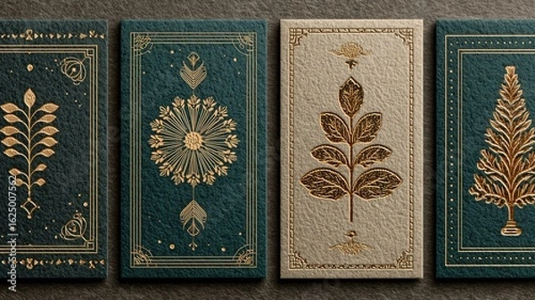 Obraz Elegant Gold Foiled Botanical Designs: Green & Beige Textures, Art Deco Style, Vertical Cards