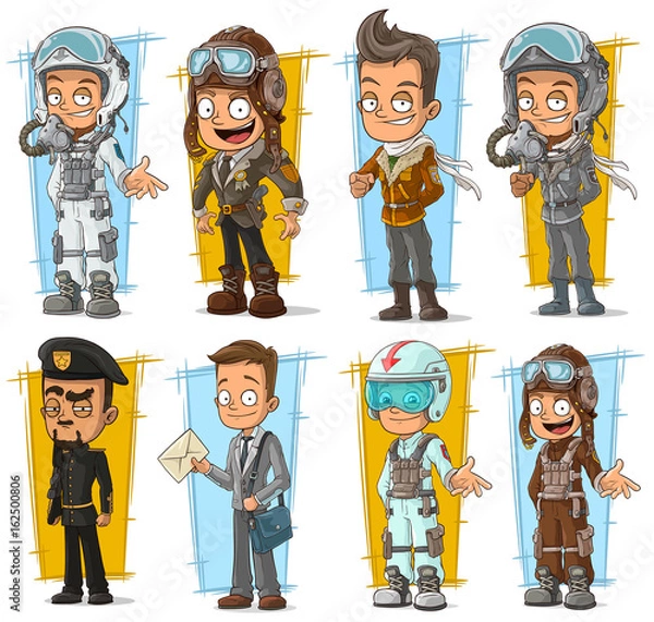 Fototapeta Cartoon cool pilot and postman character vector set