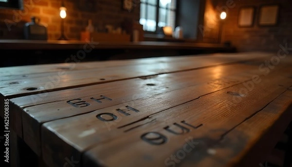 Fototapeta Detailed view of a rough-hewn pine tabletop, etched with initials and knife marks, blurred background showing a quiet, candlelit tavern with exposed brick and soft shadows.