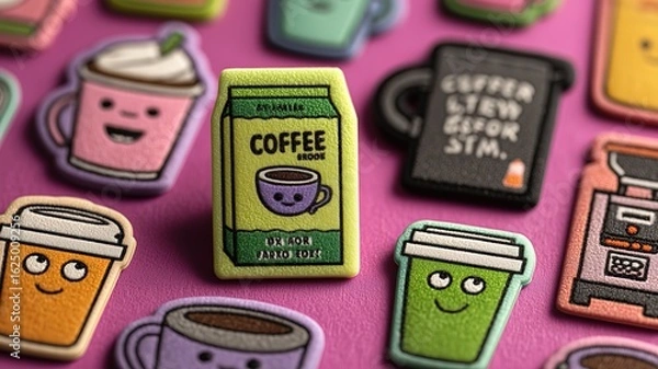 Obraz Cute Cartoon Coffee Cups and Drinks Enamel Pins: Kawaii Coffee Shop Design Elements
