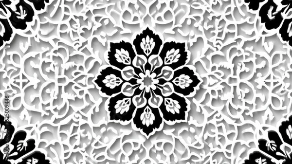 Obraz Intricate Black and White Floral Damask Pattern: Elegant Seamless Textile Design for Fashion, Home Decor, and Wallpaper