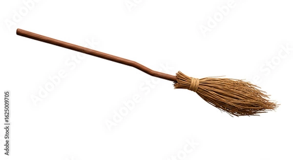 Fototapeta A simple broom with a wooden handle and straw bristles isolated against a black background on transparent background