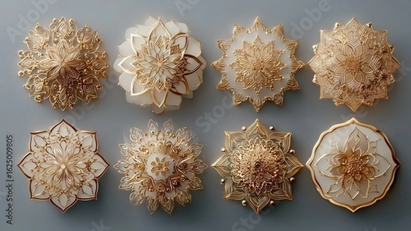 Obraz Elegant Gold and White Mandala Designs:  Luxury Ornate Floral Patterns for Decor,  Wall Art, and Craft Projects