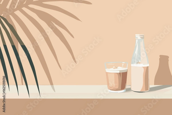 Fototapeta Minimalist vector illustration of a glass and bottle of iced coffee with milk on a beige background and palm leaf shadow. Calm, cozy tropical summer vibe with simple, elegant design.