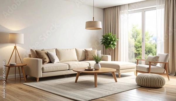 Fototapeta Cozy minimalist living room with comfortable sofa scandinavian design bright environment home aesthetic perspective