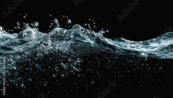 Fototapeta Water splashes and ripples against a black background.  A horizontal band of water, with  a frothy top edge of  bubbles and  splashes, sits  against  a completely black backdrop.  