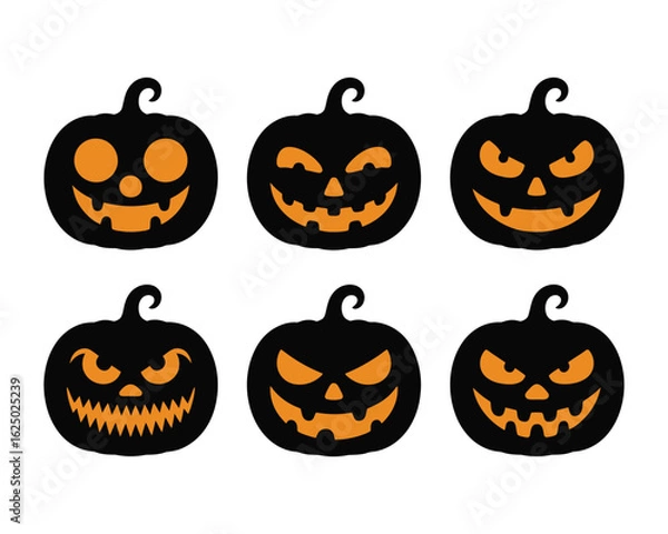 Fototapeta Set of six black Halloween pumpkins with glowing carved faces. Spooky and funny jack-o-lantern vector icons.