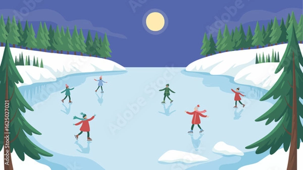Fototapeta Illustration of people ice skating on a frozen lake in a winter landscape in flat modern style SVG vector illustration