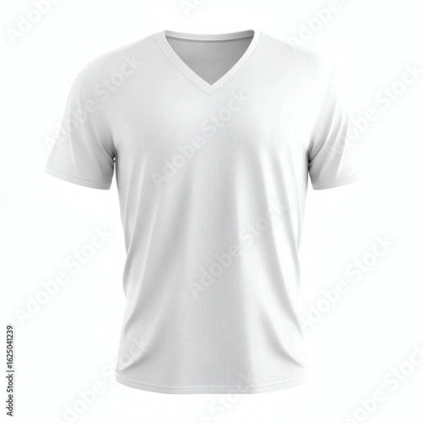 Fototapeta Classic plain white V-neck short sleeve t-shirt 3D mockup, ideal for showcasing your custom prints and designs on a white background