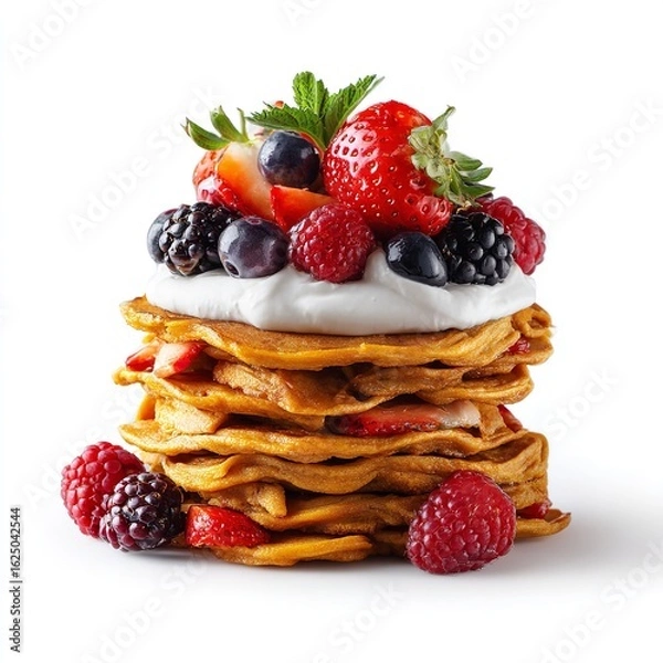 Fototapeta Berry Pancake Stack Illustration  Golden Breakfast Layers with Whipped Cream, Strawberries, and Mixed Berries for Rustic Morning Branding