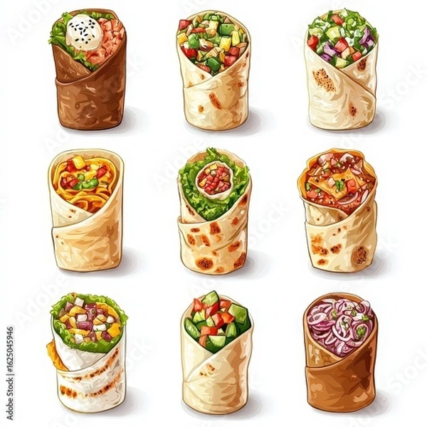 Fototapeta Set of burritos mexican food with different toppings, isolated on white background