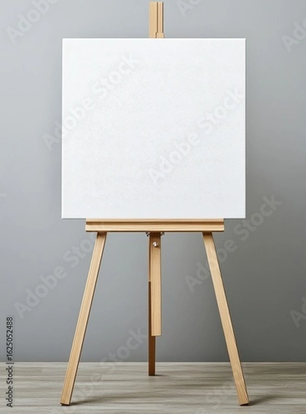 Fototapeta A blank artist's canvas on a wooden easel against a neutral gray wall, ready for creative expression.