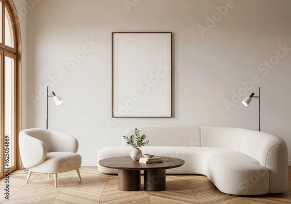 Obraz Modern curved sofa in a minimalist living room with armchair and coffee table