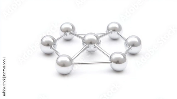Fototapeta Metallic spheres connected by rods forming a geometric structure on a plain white background for technology and science concepts