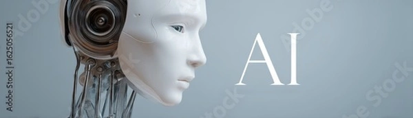 Fototapeta A futuristic robotic face symbolizes artificial intelligence, showcasing intricate design and advanced technology against a minimalist background, AI Super Agents