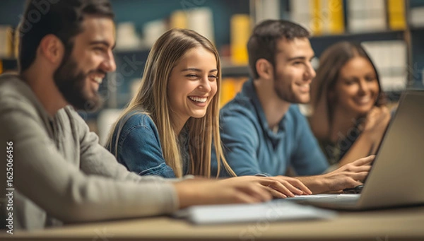 Fototapeta Young, capable office workers collaborate during a team meeting, relying on conversation and digital tools to uncover insights and resolve business challenges.