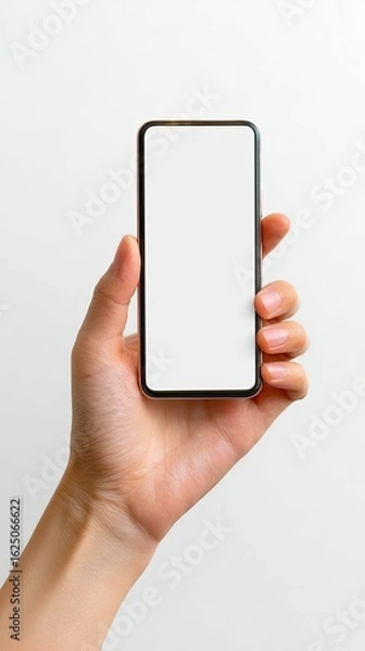 Fototapeta Realistic Art of Woman Holding Smartphone Vertically in Modern Indoor Setting Close-up Perspective