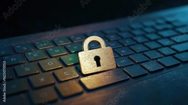 Fototapeta Golden padlock on a dark computer keyboard symbolizing cybersecurity, data protection, privacy, and online safety in a modern digital environment