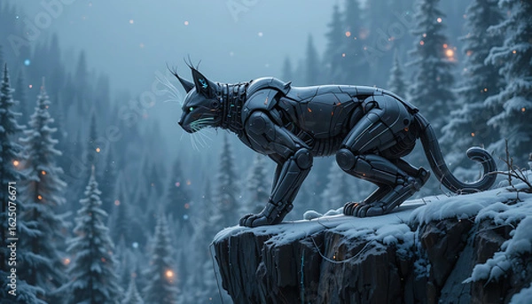 Fototapeta A powerful robotic lynx with glowing red eyes stands alert on a snowy cliff edge overlooking a dark misty forest with falling snow and distant lights