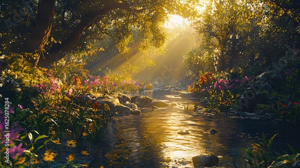 Obraz AI Generated - River running through a lush green forest, with trees, plants, flowers, and stones along the banks. Professional stock photography for commercial use. High-resolution. Premium quality.