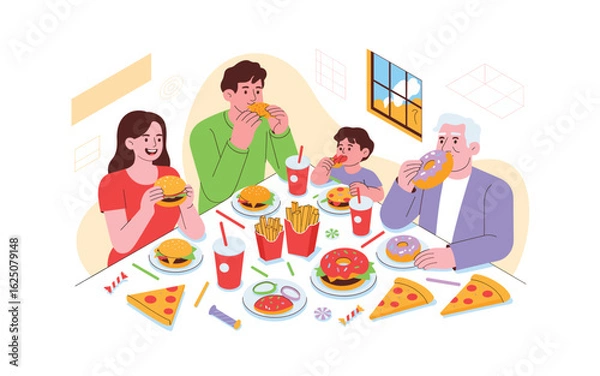 Fototapeta Family Enjoying a Fast Food Feast Together: Burgers, Pizza, Fries, and Donuts in a Whimsical and Colorful Vector Illustration