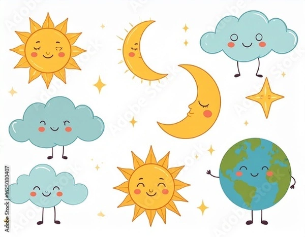 Fototapeta Set of funny cloud, sun, moon, star and earth in retro style. Groovy characters 