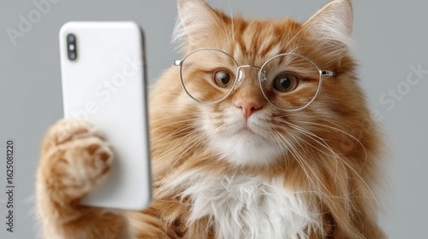 Fototapeta A fluffy ginger cat wearing glasses takes a selfie with a smartphone, showcasing a humorous and charming personality.