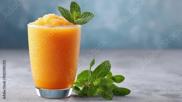 Fototapeta A refreshing orange slush in a glass garnished with mint leaves, perfect for a warm day.