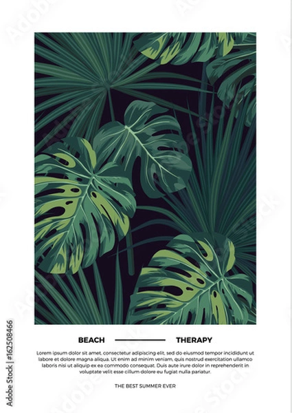 Fototapeta Dark summer vector tropical postcard design with green jungle palm leaves. Space for text.