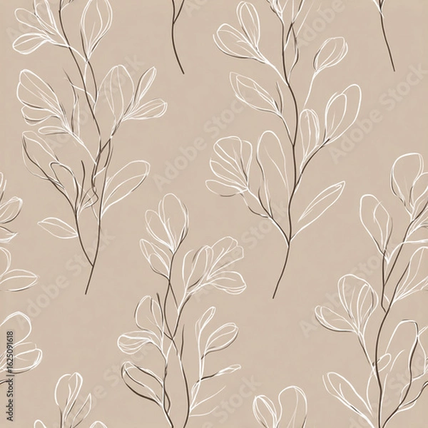Fototapeta Single Line Floral and Leaf Seamless Pattern on Beige Background