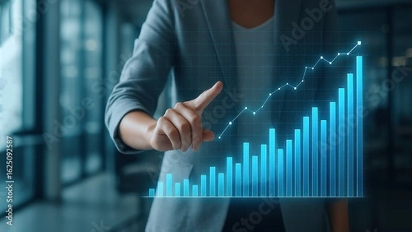 Fototapeta Woman points to floating holographic data in bright office, with glowing charts and natural light, Virtual Charts, Success Arrow