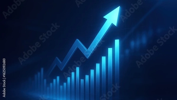 Fototapeta Blue glowing arrows and bars climb upward through and light effects, Virtual Charts, Success Arrow