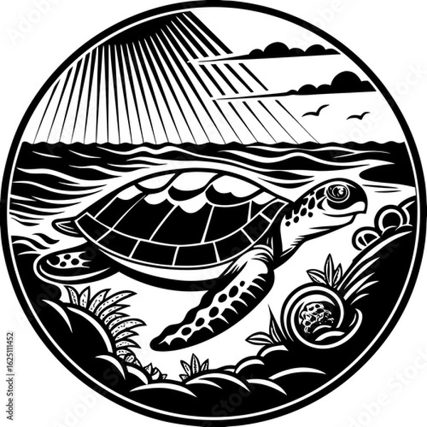 Obraz Turtle Swimming Near Surface with Sun Rays