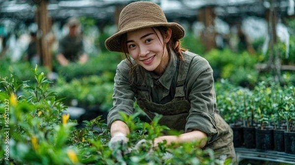 Fototapeta Gardener tending to plants in a greenhouse setting.