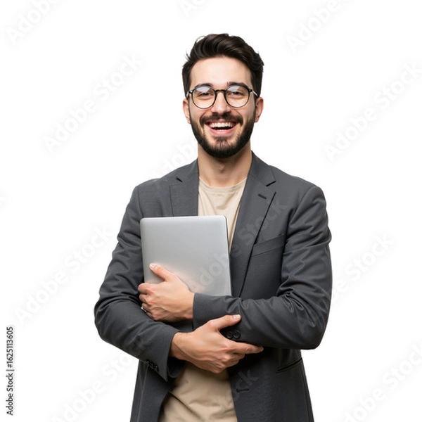 Obraz A smiling young man in a gray blazer and glasses cradles a laptop, exuding confidence against a clean transparent backdrop(PNG).