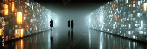 Obraz Silhouettes walking through illuminated digital corridor