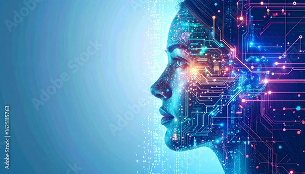 Fototapeta Conceptual close-up of a face split between human and AI circuits, showing emotional expression and futuristic duality.